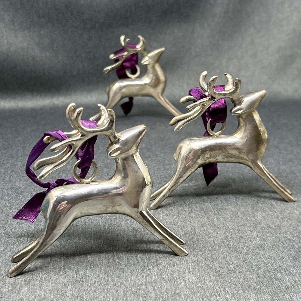 Old Pottery Barn Silver Plated Prancing Reindeer Christmas Ornaments 3pc Set